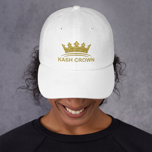 KASH CROWN Dad Hat in white — front view with gold crown embroidery on the front panel