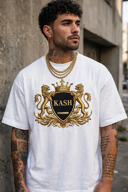 Model wearing the KASH CROWN Crest Emblem Tee — lifestyle photo