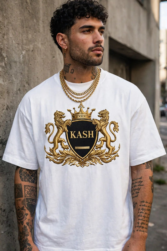 Model wearing the KASH CROWN Crest Emblem Tee — lifestyle photo