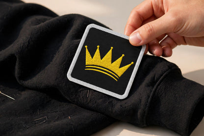 KASH CROWN embroidered iron-on patch — detail photo of the gold crown stitching