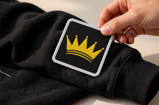 KASH CROWN embroidered iron-on patch — detail photo of the gold crown stitching