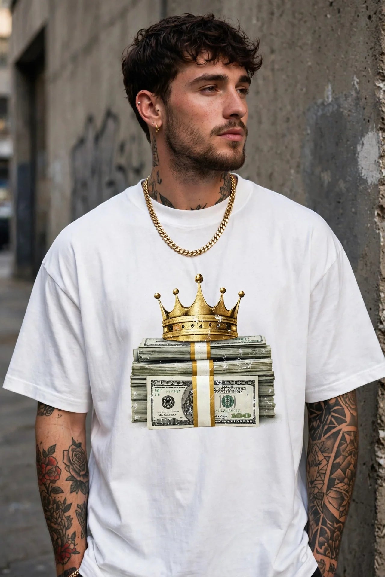 Model wearing the KASH CROWN Crown & Cash Tee — lifestyle photo