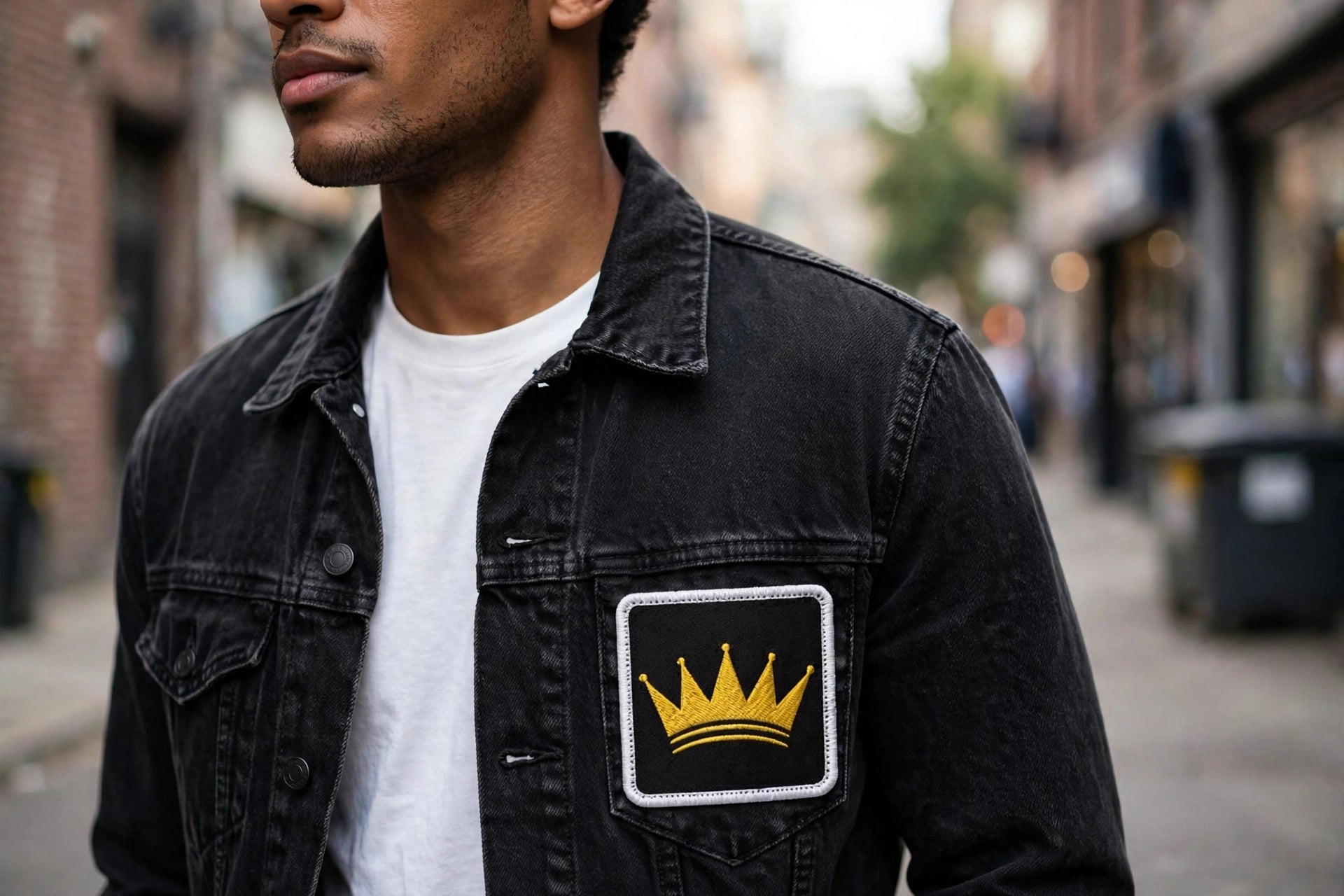 KASH CROWN embroidered iron-on patch — detail photo of the gold crown stitching
