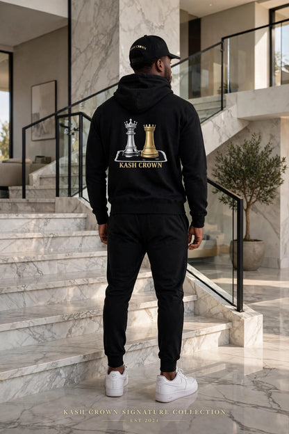 KASH CROWN Chess Royalty Hoodie in black — back view of the heavyweight brushed-fleece pullover showing the silver-and-gold chess piece emblem