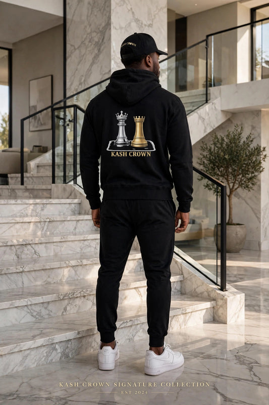 KASH CROWN Chess Royalty Hoodie in black — back view of the heavyweight brushed-fleece pullover showing the silver-and-gold chess piece emblem