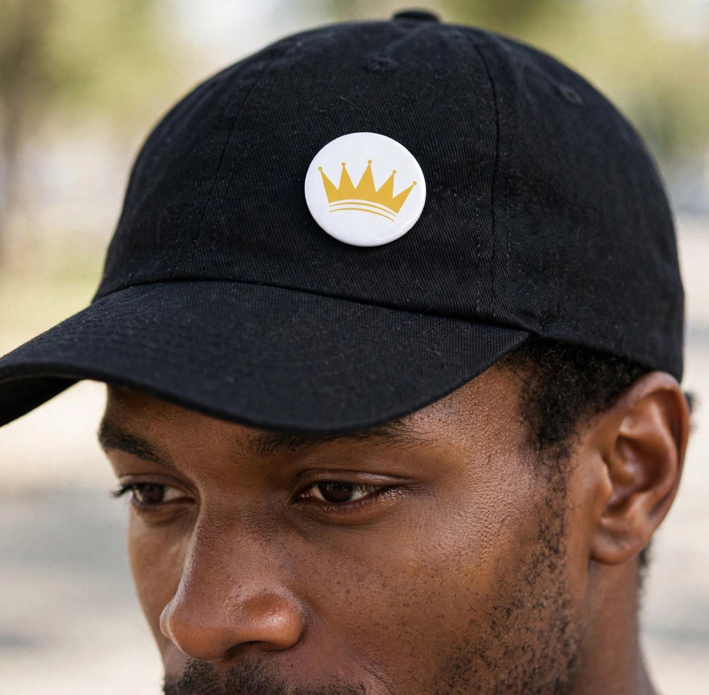 KASH CROWN pin button set — detail photo of the black and gold crown pins