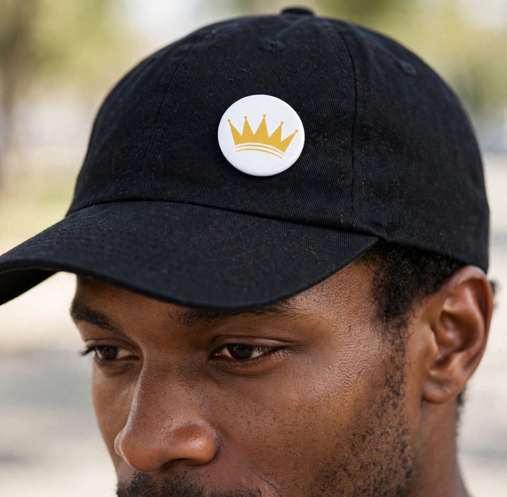 KASH CROWN pin button set — detail photo of the black and gold crown pins