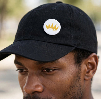KASH CROWN pin button set — detail photo of the black and gold crown pins