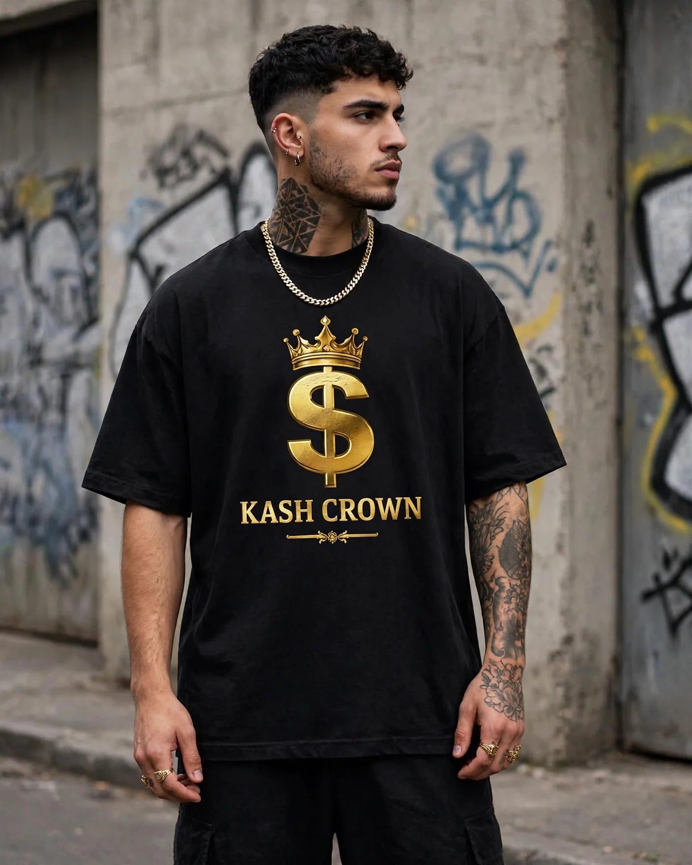 Model wearing the KASH CROWN Crowned Dollar Tee — lifestyle photo