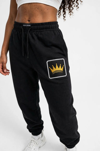 KASH CROWN embroidered iron-on patch — applied to a garment