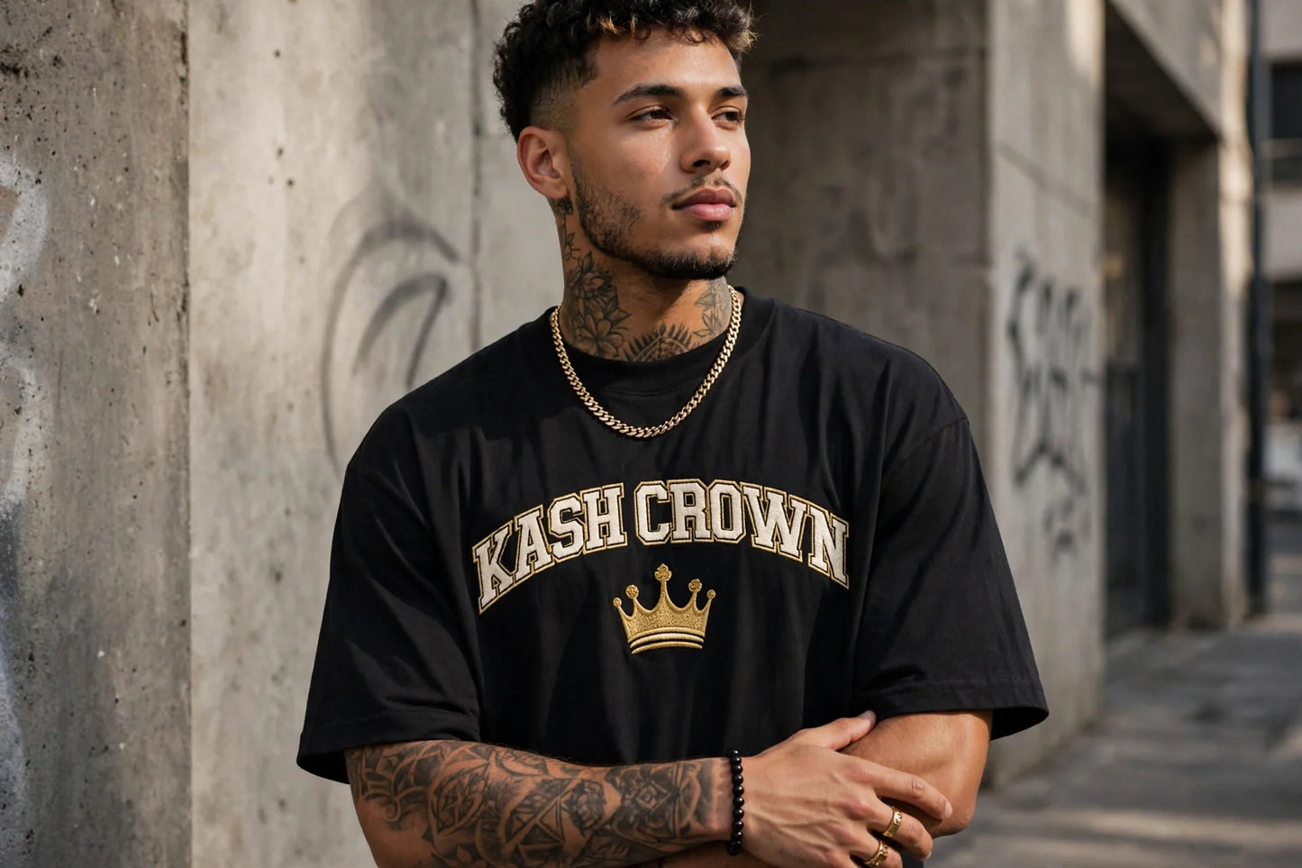 Model wearing the KASH CROWN Varsity Arch Tee — lifestyle photo