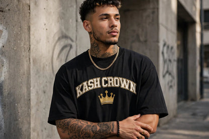 Model wearing the KASH CROWN Varsity Arch Tee — lifestyle photo