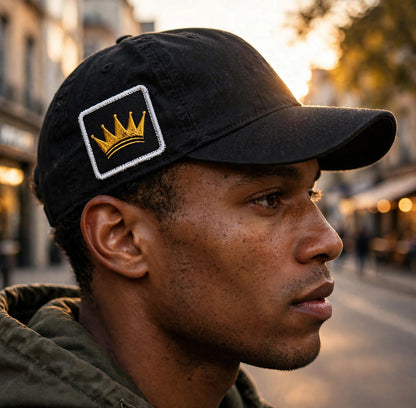 KASH CROWN embroidered iron-on patch — detail photo of the gold crown stitching