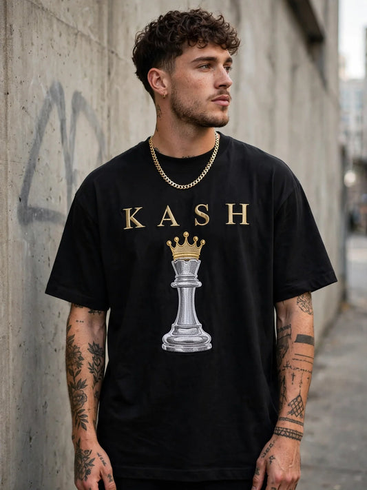 Model wearing the KASH CROWN Script Logo Tee — lifestyle photo