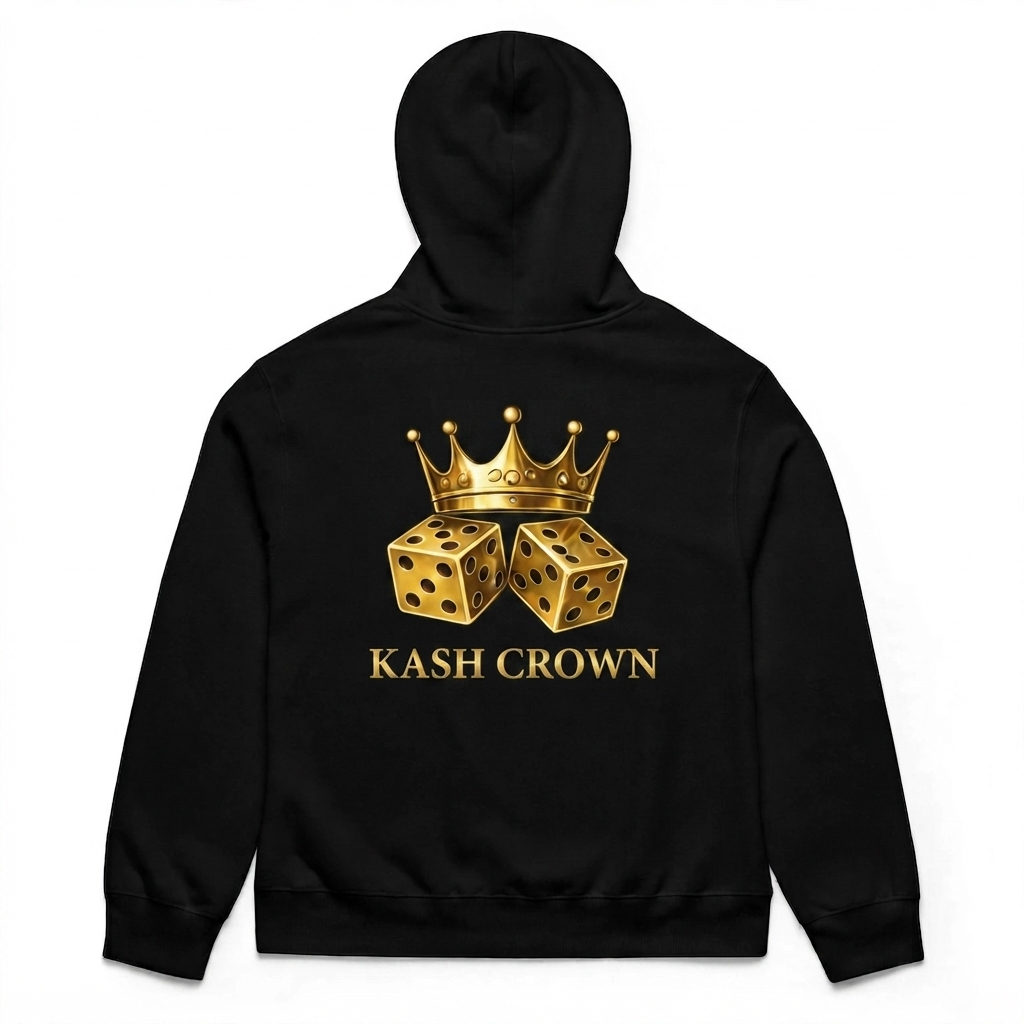KASH CROWN Crown & Dice Hoodie in black, flat product shot on a white background showing the gold crown and dice graphic across the back