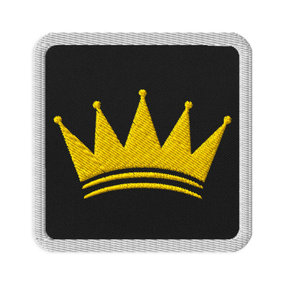KASH CROWN embroidered iron-on patch — gold crown stitched on twill fabric with an iron-on backing