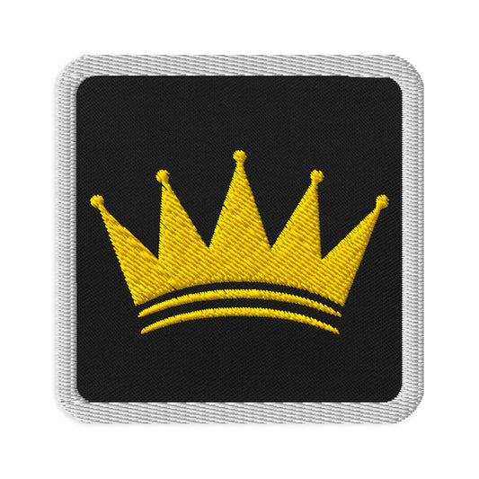 KASH CROWN embroidered iron-on patch — gold crown stitched on twill fabric with an iron-on backing
