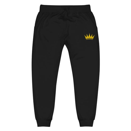 KASH CROWN Signature Sweatpants in black — tapered fleece joggers with gold crown embroidery on the left leg