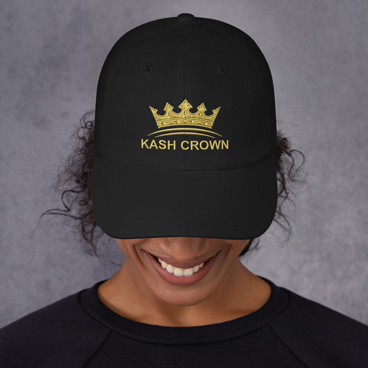 KASH CROWN Dad Hat in black — low-profile adjustable baseball cap with full gold crown embroidery on the front panel