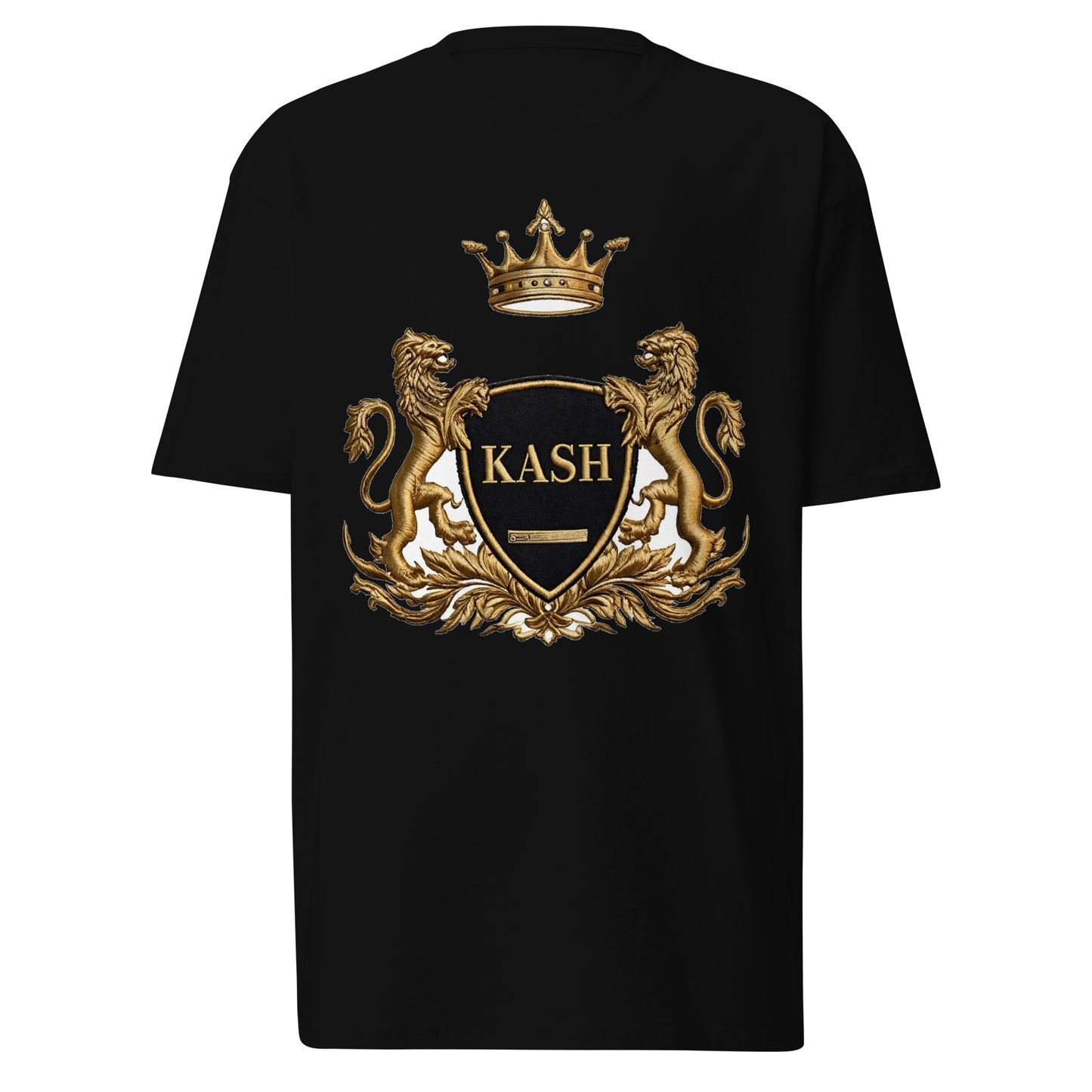 KASH CROWN Royal Crest Tee in black — front view showing the gold crest of twin lions guarding a crown
