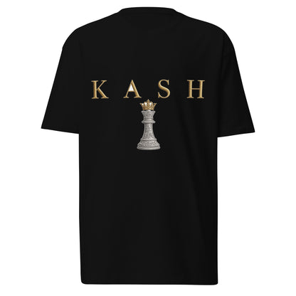 KASH CROWN Crowned Queen Tee in black — front view with a crowned chess queen in gold and silver beneath the KASH wordmark