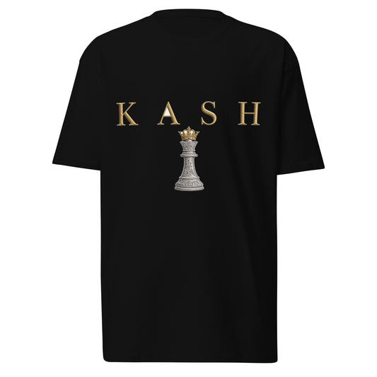 KASH CROWN Crowned Queen Tee in black — front view with a crowned chess queen in gold and silver beneath the KASH wordmark