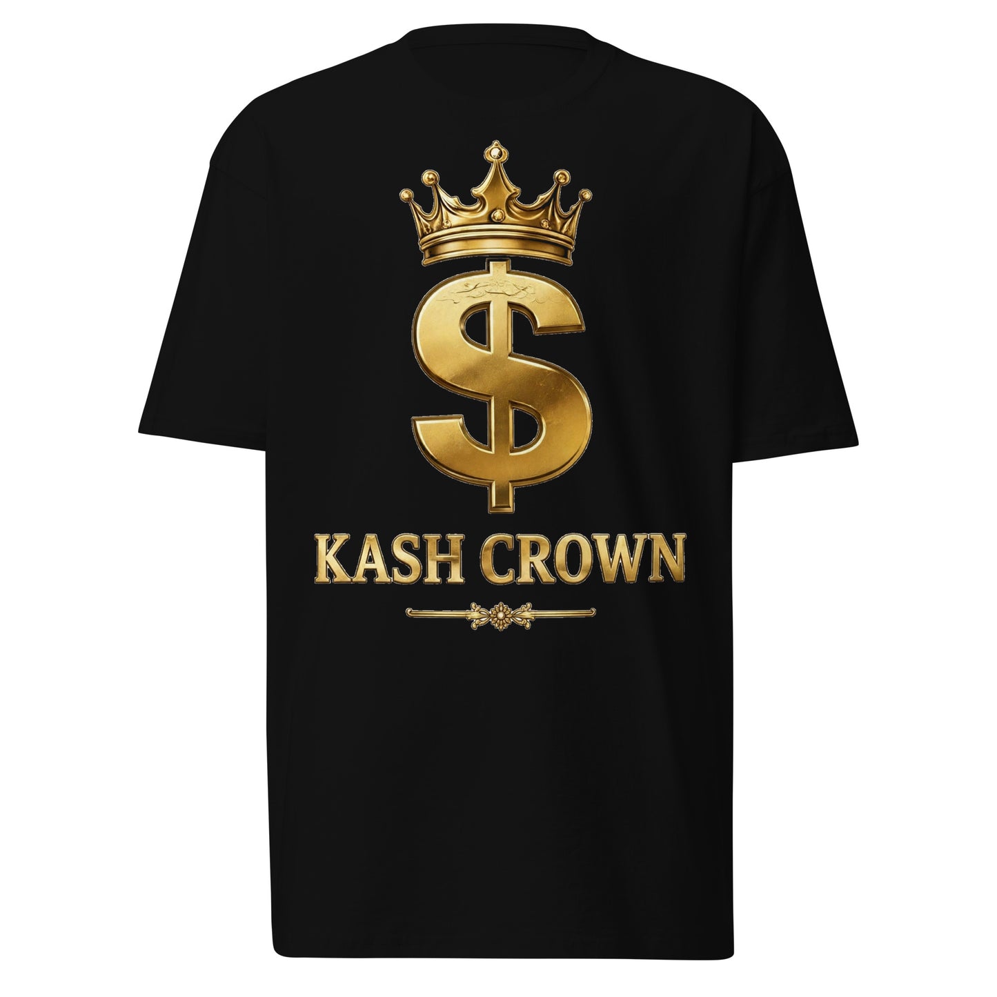 KASH CROWN Crowned Dollar Tee in black — front view with a crowned gold dollar sign above the KASH CROWN wordmark
