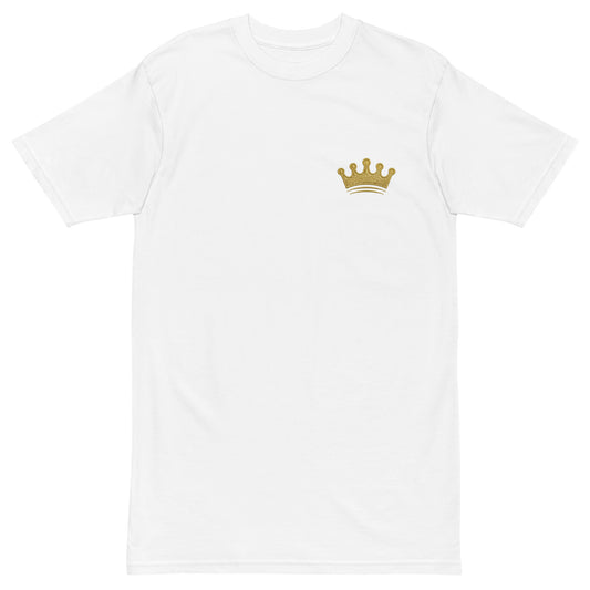 KASH CROWN Crown Heavy Tee in white — front view with the embroidered gold crown on the chest