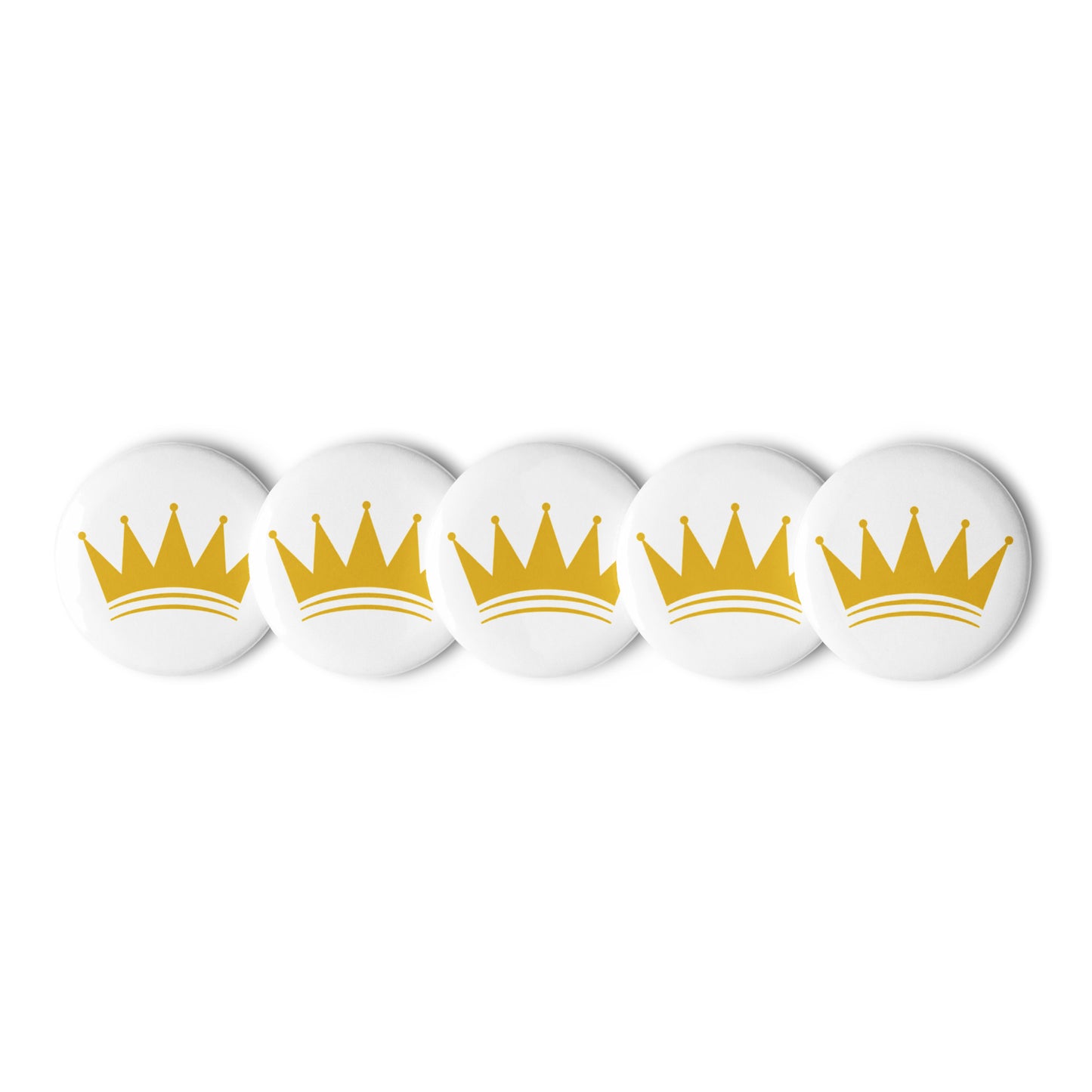 KASH CROWN pin button set — five black and gold crown pin buttons with a glossy tinplate finish