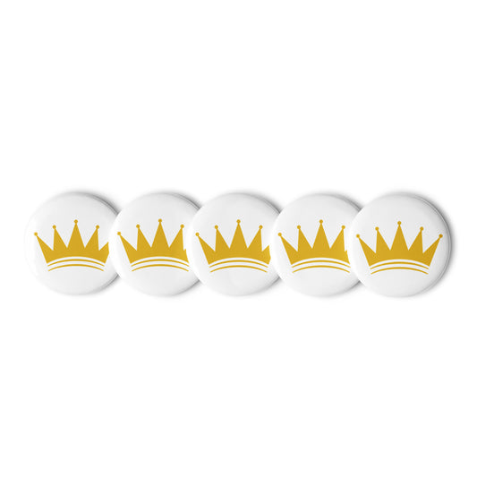 KASH CROWN pin button set — five black and gold crown pin buttons with a glossy tinplate finish