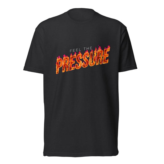 KASH CROWN Feel The Pressure Flame Tee in black — front view with a bold fire-inspired screen-printed graphic