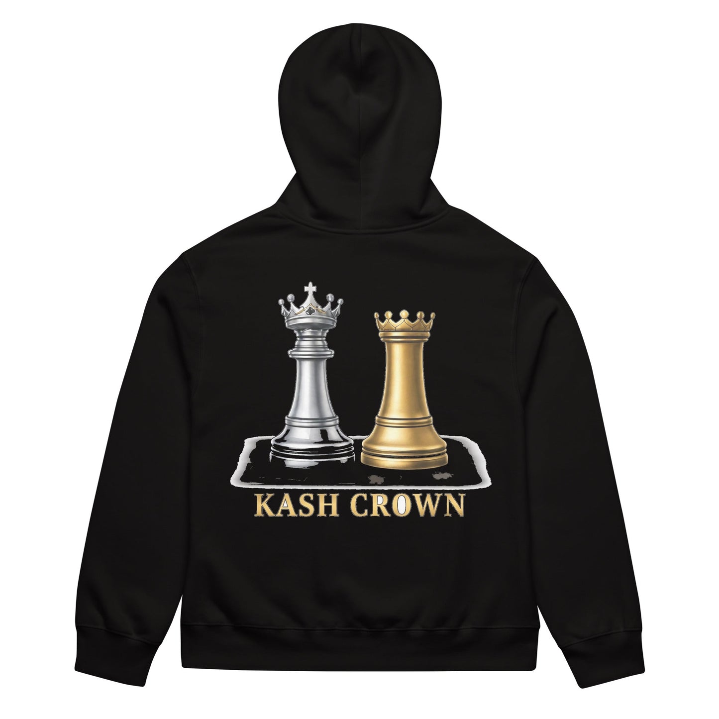 KASH CROWN Chess Royalty Hoodie in black — back view of the heavyweight fleece pullover showing the silver-and-gold chess piece emblem