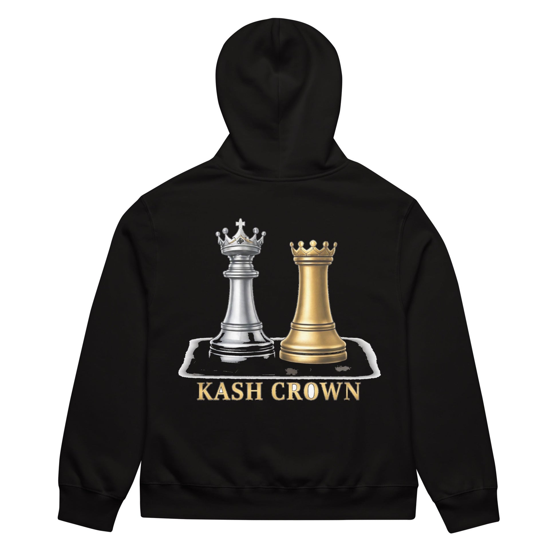 KASH CROWN Chess Royalty Hoodie in black — back view of the heavyweight fleece pullover showing the silver-and-gold chess piece emblem