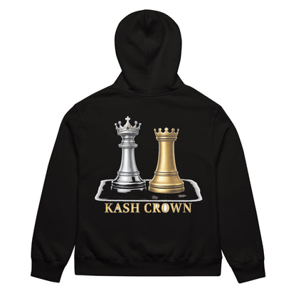 KASH CROWN Chess Royalty Hoodie in black — back view of the heavyweight fleece pullover showing the silver-and-gold chess piece emblem