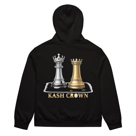 KASH CROWN Chess Royalty Hoodie in black — back view of the heavyweight fleece pullover showing the silver-and-gold chess piece emblem