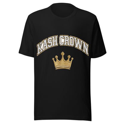 KASH CROWN Varsity Arch Tee in black — front view with bold gold varsity lettering and crown