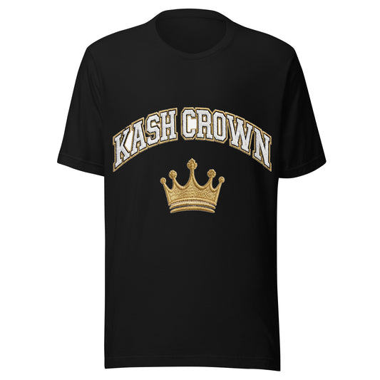 KASH CROWN Varsity Arch Tee in black — front view with bold gold varsity lettering and crown